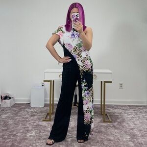 VENUS One-Shouldered Black Jumpsuit with floral design